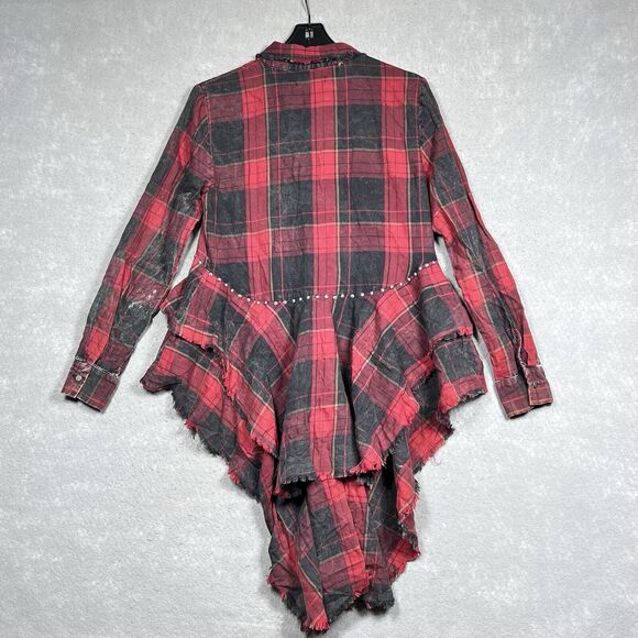 Zara Shirt Womens Medium Red & Black Plaid Button Up High Low Stud Accent Ruffle - Picture 8 of 11
